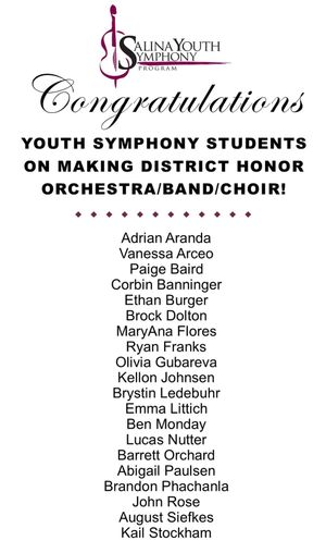 Salina Youth Symphony Students Receive District Honors