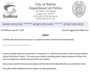 Update: Salina/Saline County 9-1-1 System Restored to Full Functionality